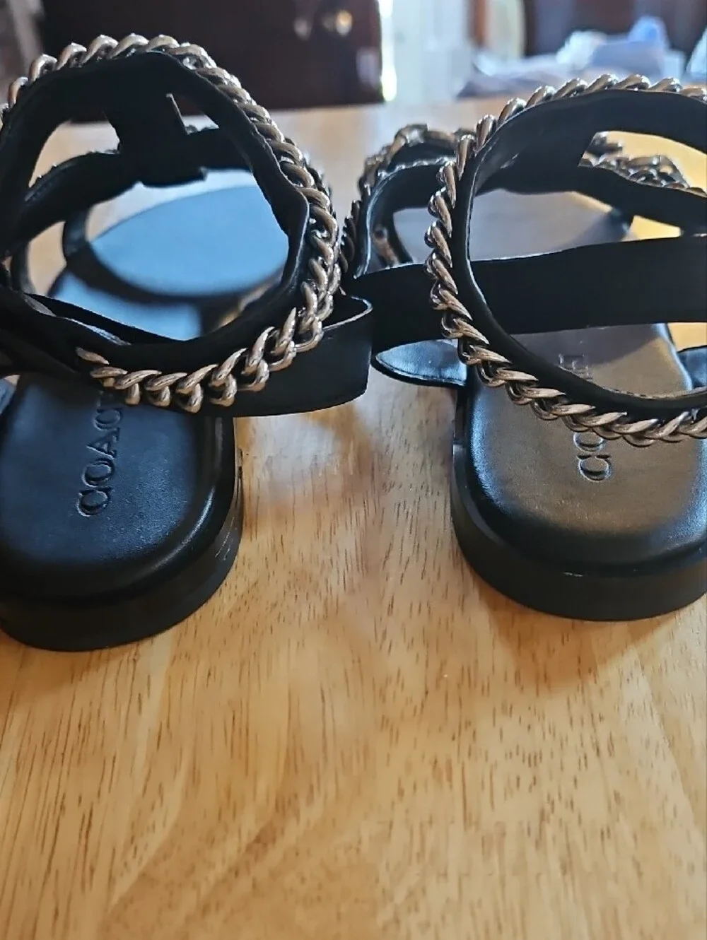 Coach Haddie Gladiator Black Leather Women's Sandals with Silver Chain Detail